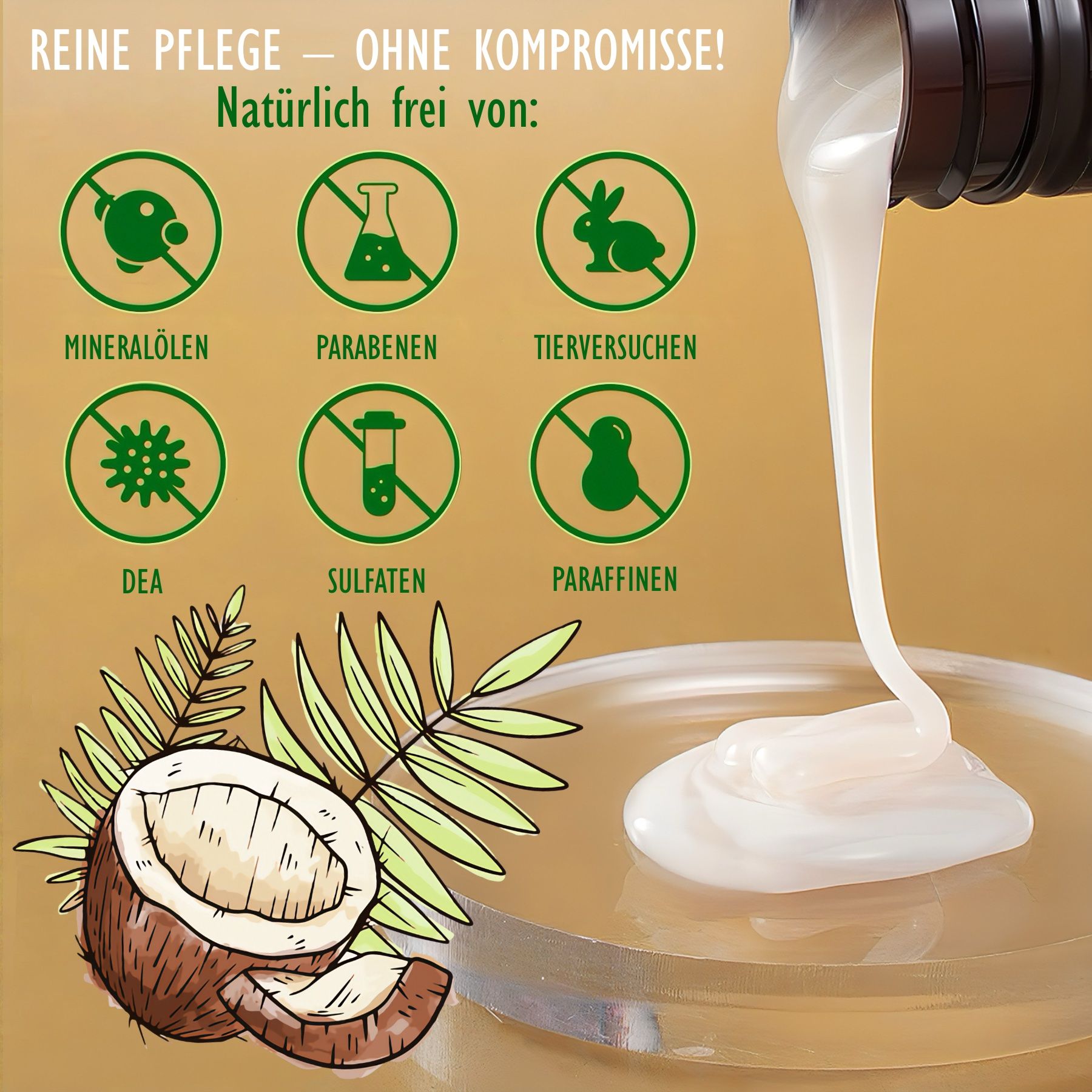 Produkt mit weißer Flüssigkeit. Text: Reine Pflege – ohne Kompromisse! Natürlich frei von: Mineralölen, Parabenen, Tierversuchen, DEA, Sulfaten, Paraffinen.