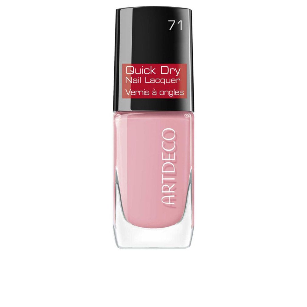 Rosa Nagellackflasche mit schwarzem Deckel. Aufschrift: Quick Dry Nail Lacquer, Artdeco. Farbnummer 71.
