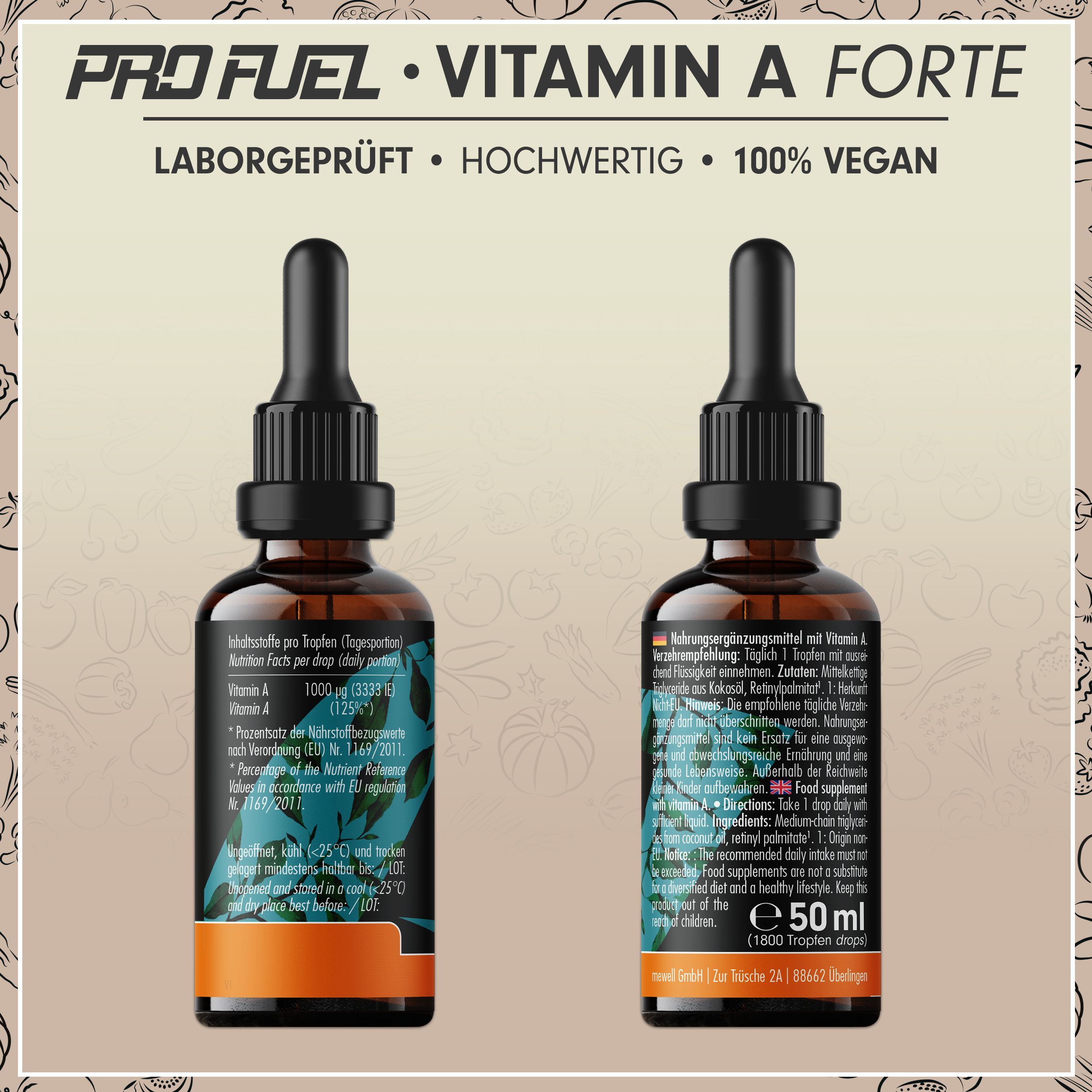 Flasche mit Vitamin A Forte Tropfen, 50ml, 1000 µg Vitamin A pro Tag.