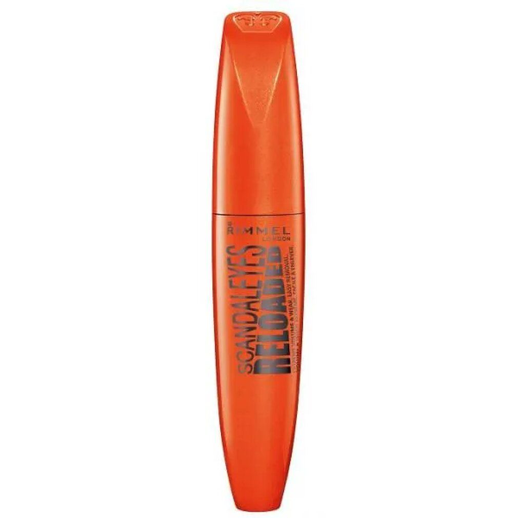 Orangefarbene Mascara-Flasche. Aufschrift: Rimmel London Scandaleyes Reloaded. Schwarze Schrift.