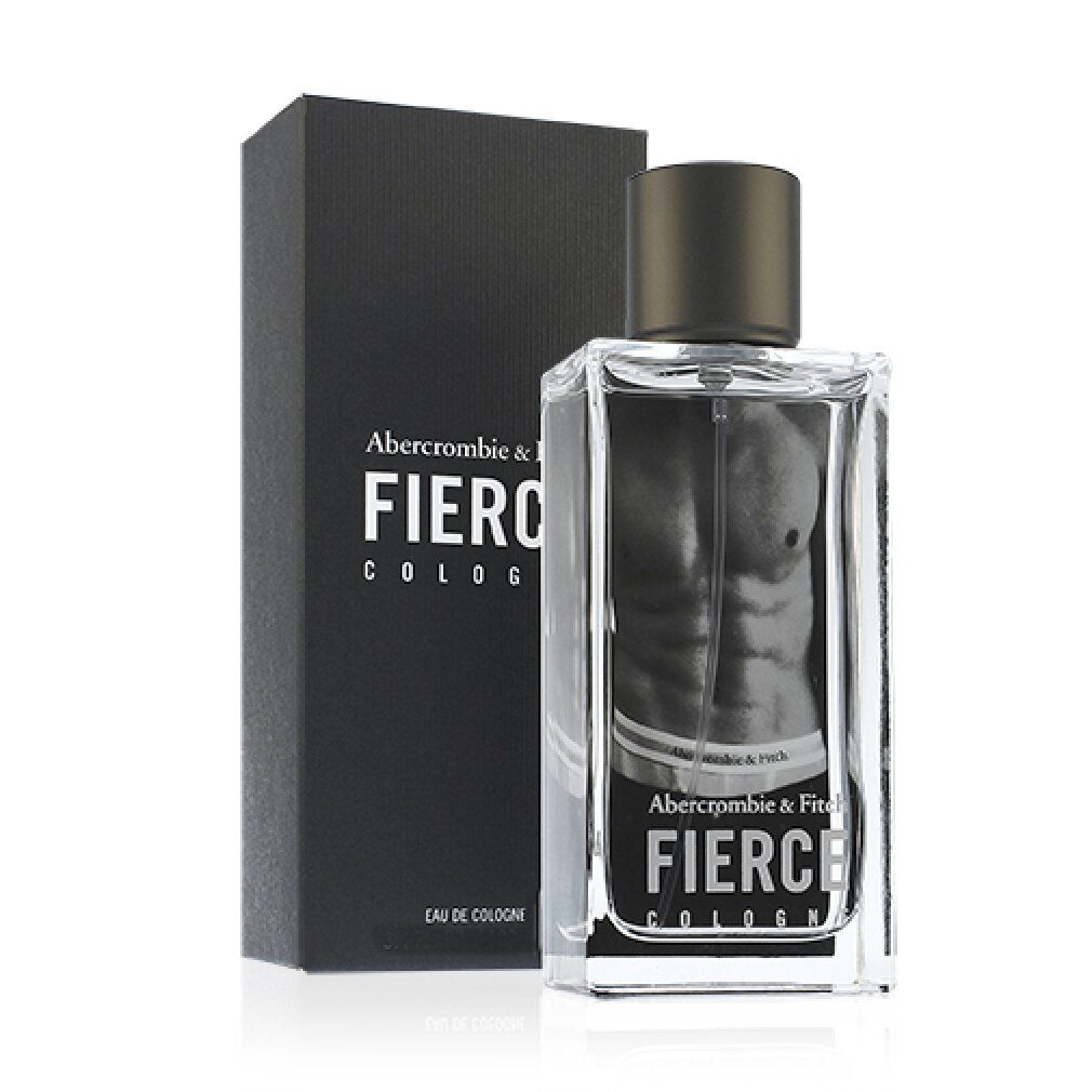 Glasflakon mit schwarzem Verschluss und Karton. Aufschrift: Abercrombie & Fitch FIERCE COLOGNE. Abbildung eines Mannes.