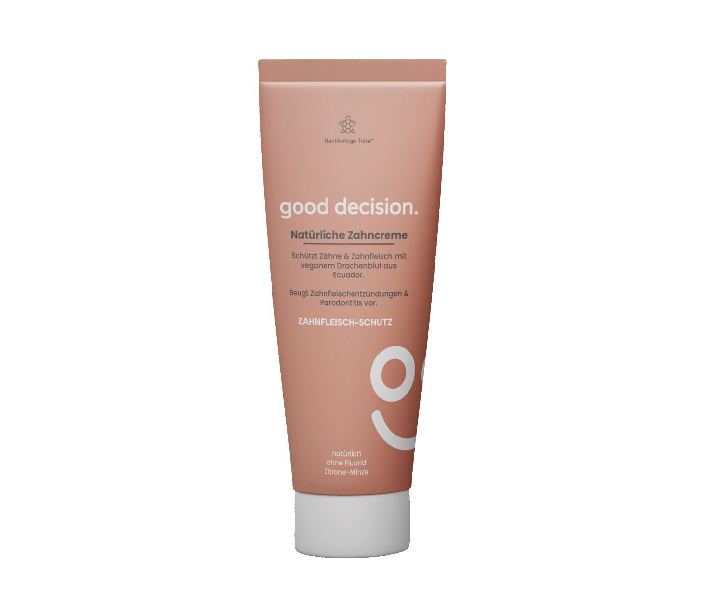 Zahncreme-Tube, rosa. Schriftzug: good decision. Natürliche Zahncreme. Enthält Informationen zu Inhaltsstoffen und Eigenschaften.