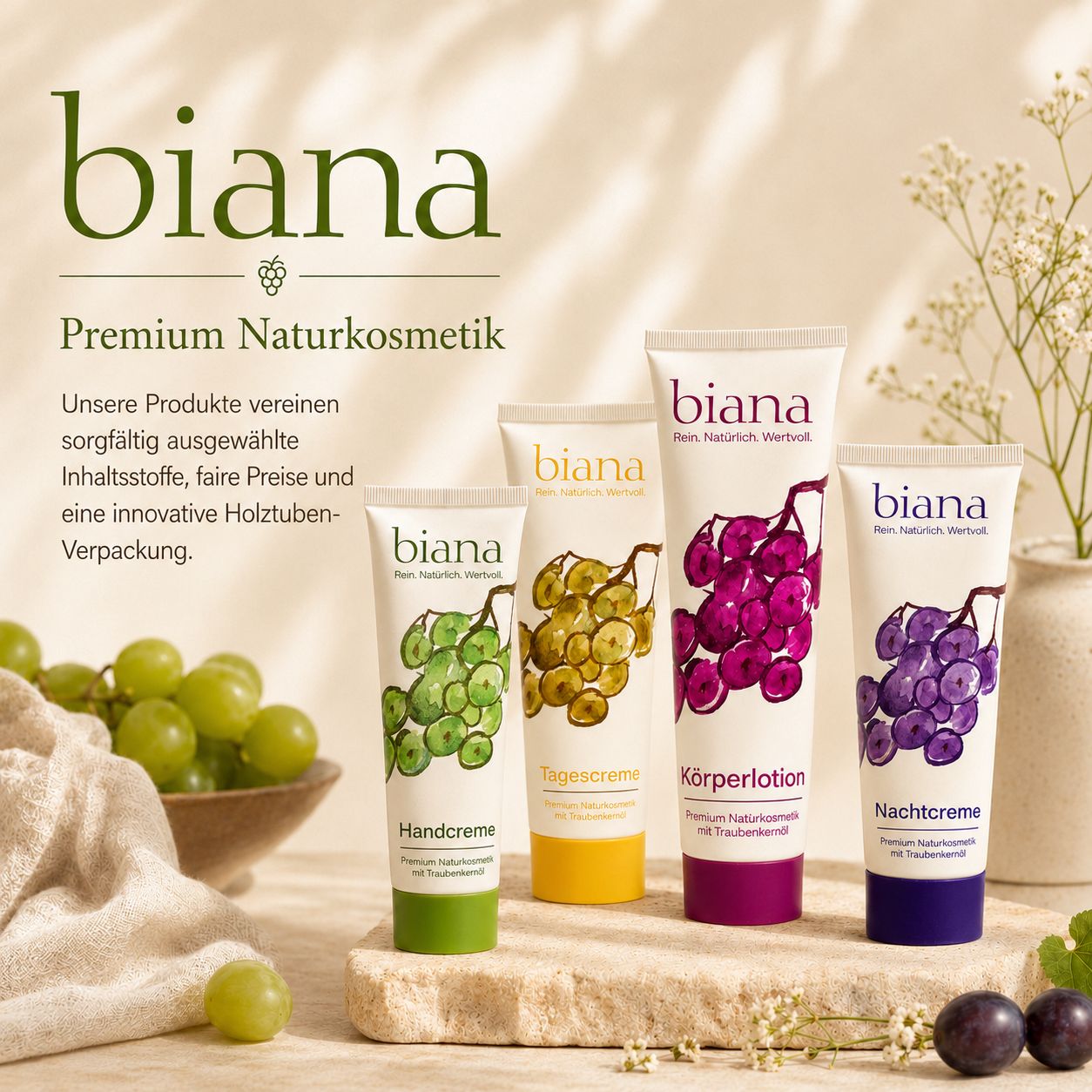 Vier Biana Kosmetik-Tuben mit Traubenmotiven: Handcreme, Tagescreme, Körperlotion, Nachtcreme.