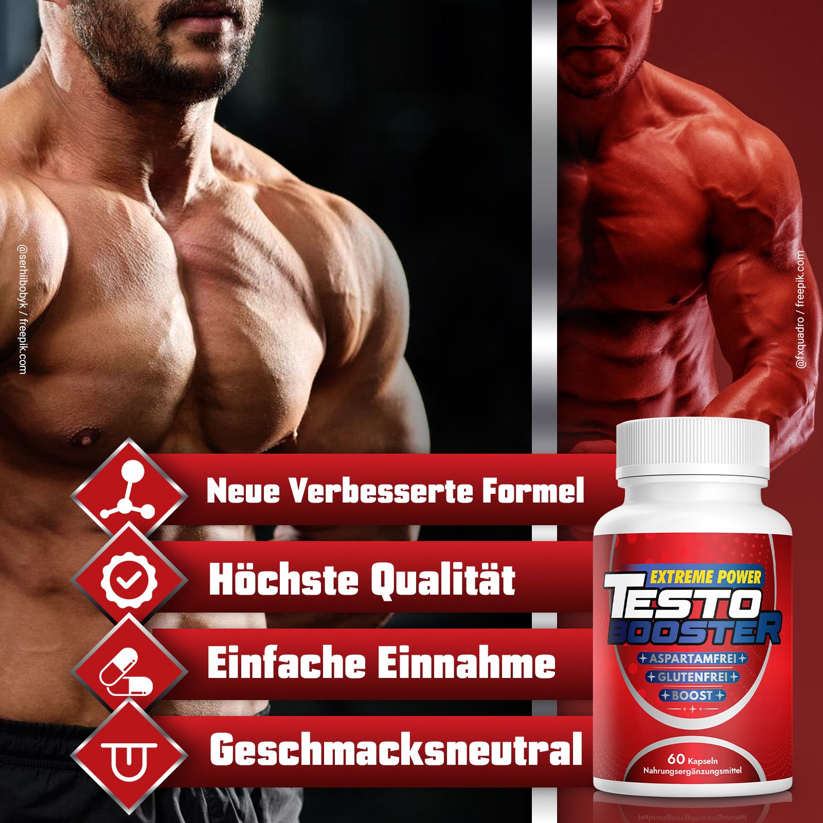 Weiße Flasche mit rotem Etikett. Text: Testo Booster, Extreme Power, aspartamfrei, glutenfrei, Boost. 60 Kapseln. Rote Banner mit Text.