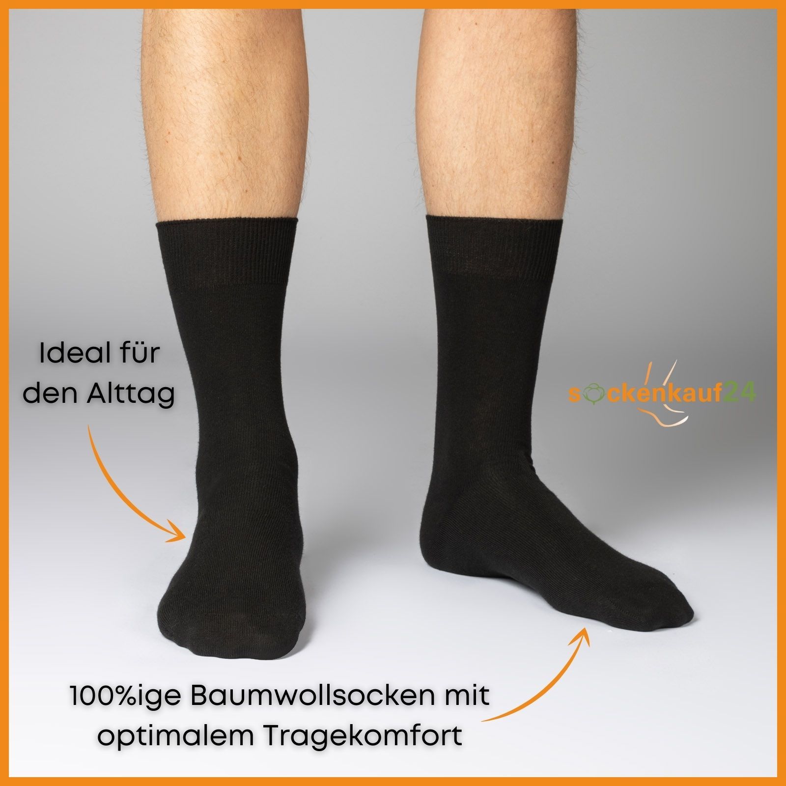 Person trägt schwarze Socken. Pfeile zeigen auf Text: "100%ige Baumwollsocken mit optimalem Tragekomfort".