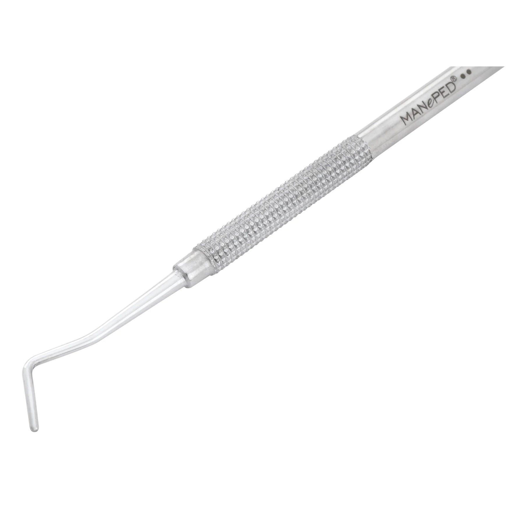 MANePED-Werkzeug aus Edelstahl. Einseitig gebogen, geriffelter Griff.
