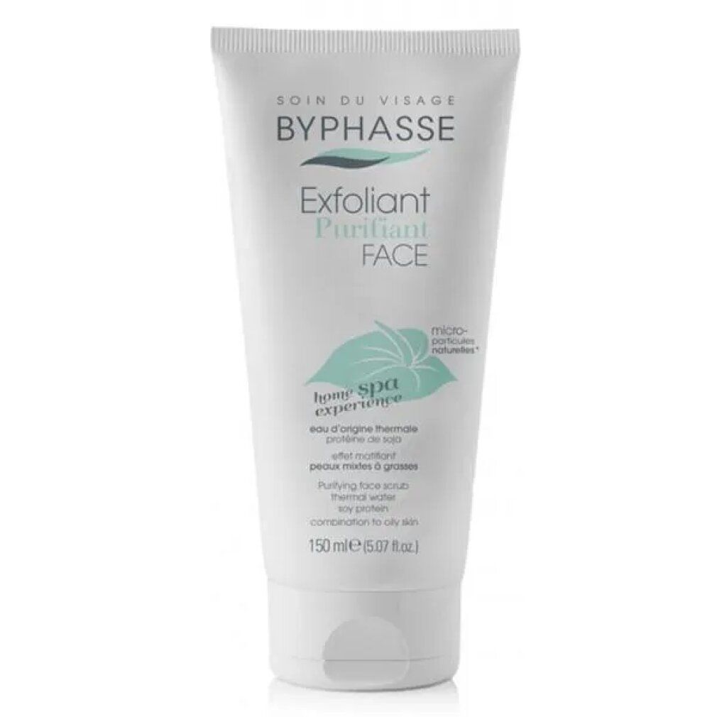Weiße Tube mit Produktaufschrift. Text: BYPHASSE, EXFOLIANT PURIFIANT FACE, home spa experience. Enthält Thermalwasser. Für fettige Haut.