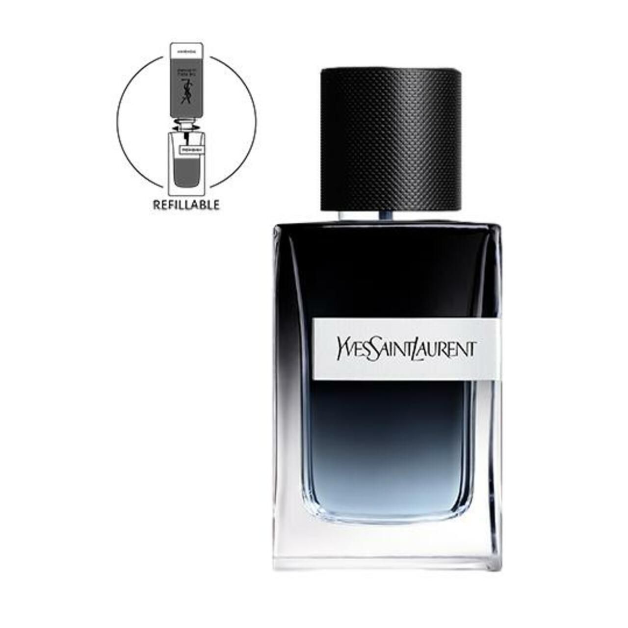 Yves Saint Laurent Y Men EdP Vapo. Rechteckiger Flakon mit schwarzem Deckel und weißem Label. Refill-Illustration.