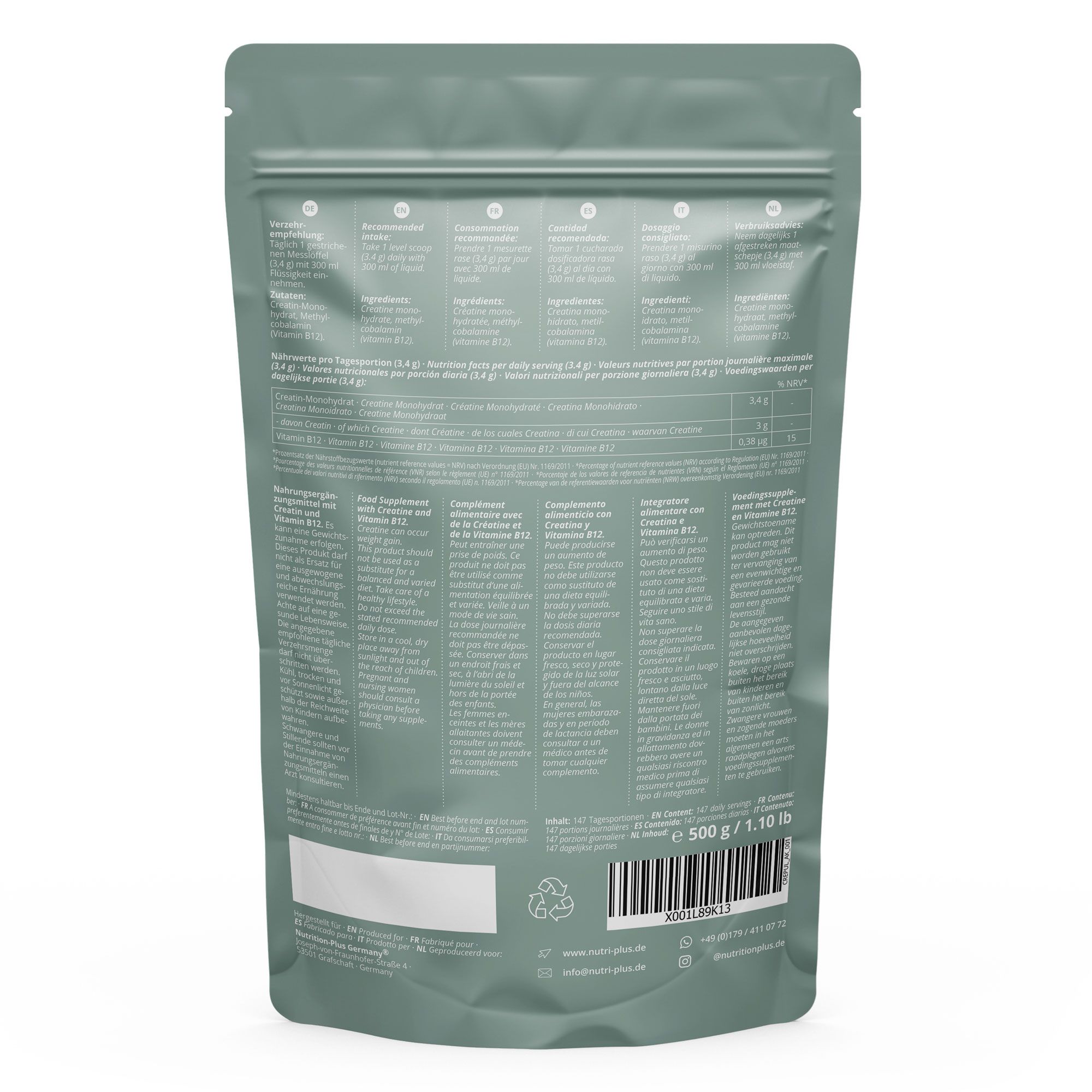 nutri+ Creatin Monohydrat Pulver + B12 - 500 g Kreatin