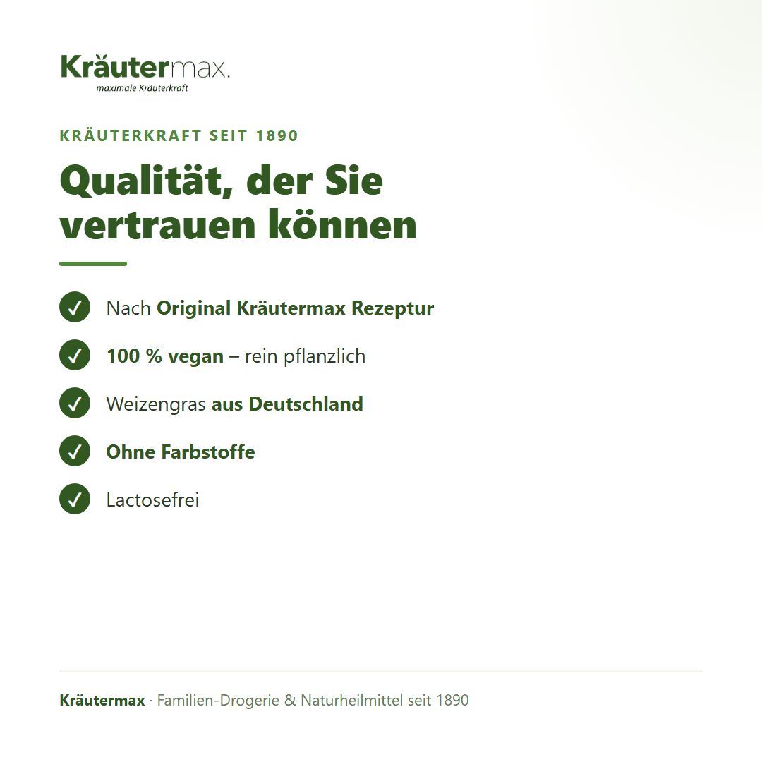 Kräutermax Weizengras: Nach Originalrezeptur, 100% vegan, aus Deutschland, ohne Farbstoffe, lactosefrei.