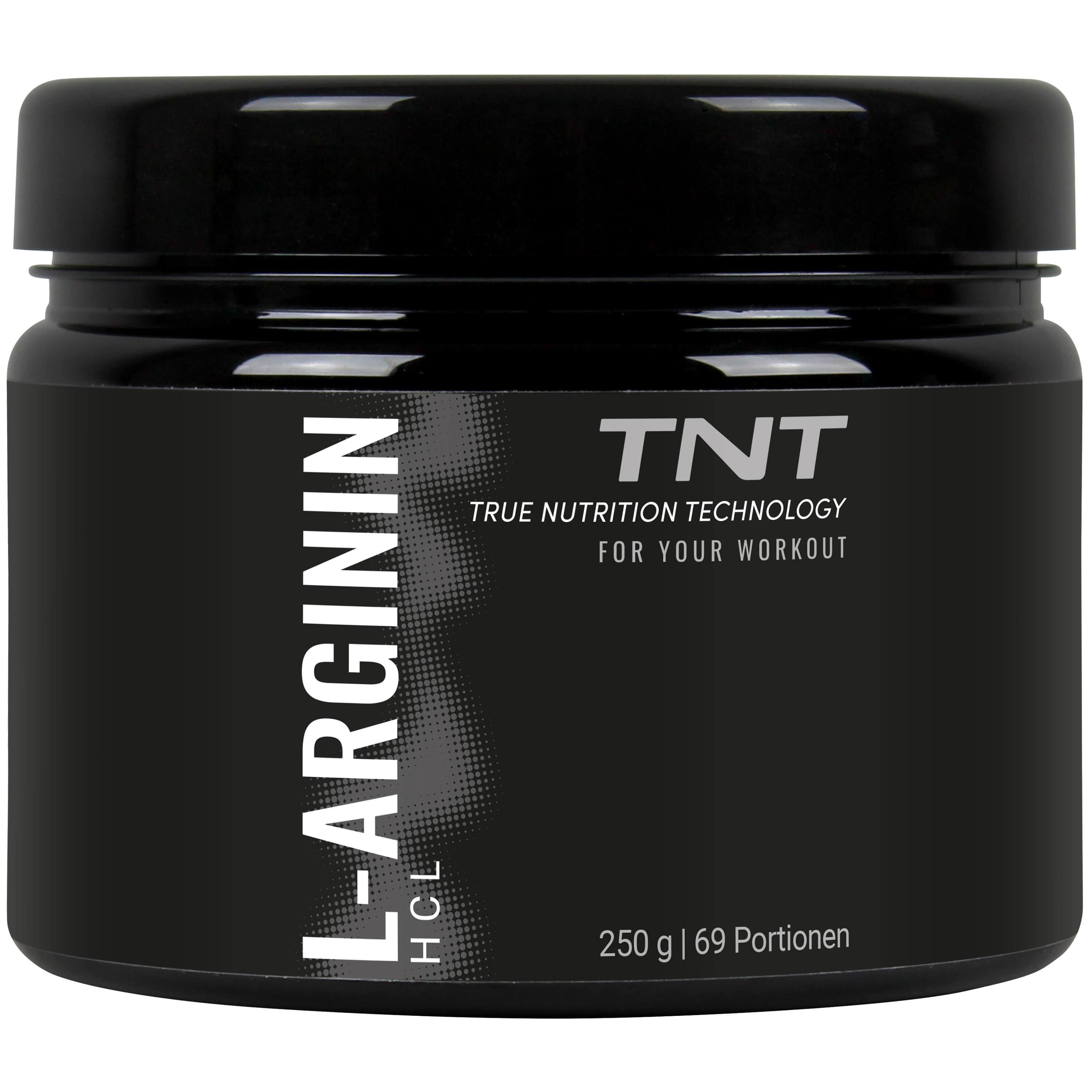 Schwarzes Supplement-Glas mit weißer Aufschrift L-Arginin HCL und TNT-Logo. 250g | 69 Portionen.