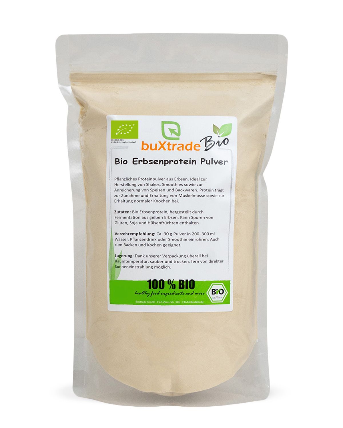 Verpackung von buxtrade Bio Erbsenprotein Pulver mit Bio-Siegel.