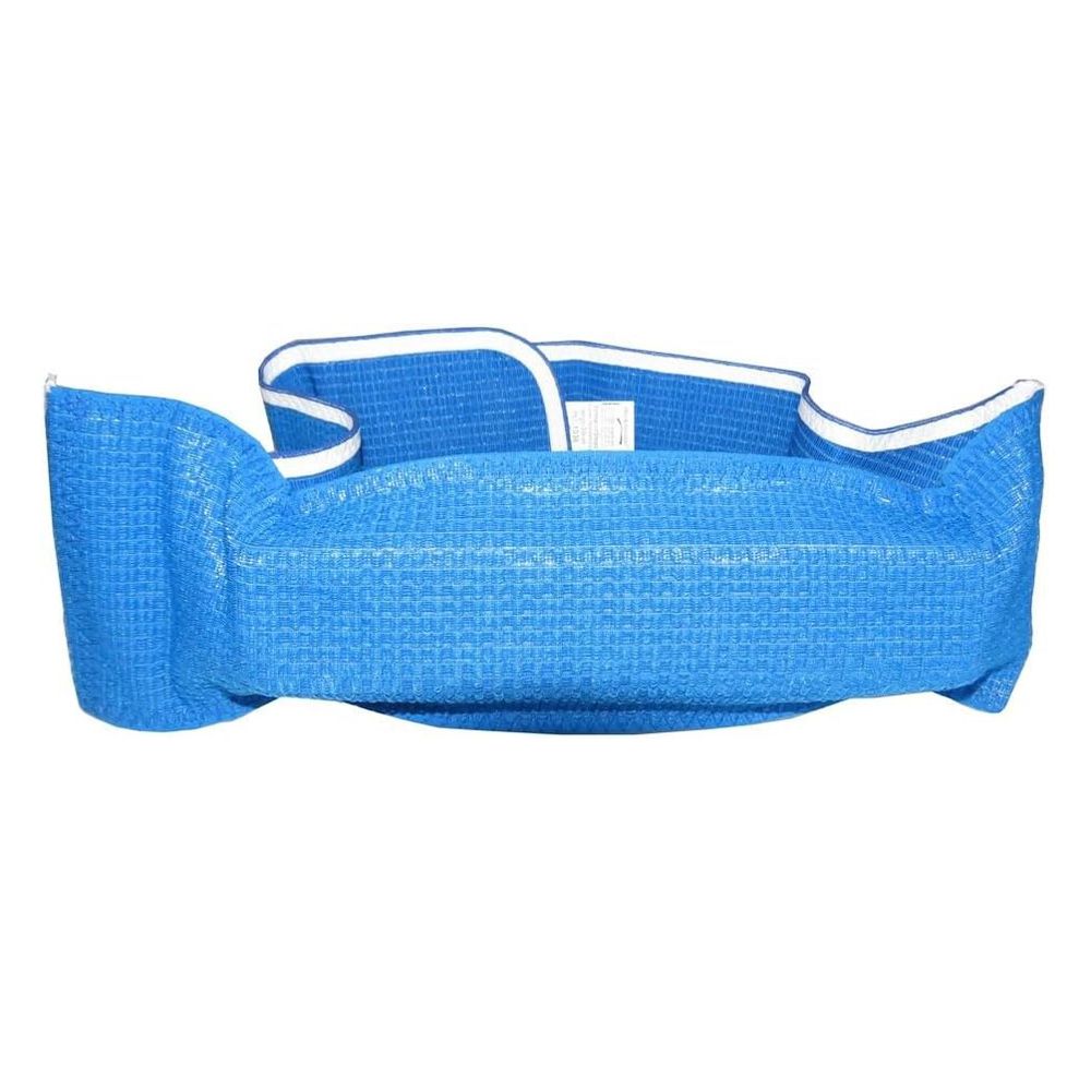 Blaue Anti-Schnarch-Bandage mit weißen Rändern und Klettverschluss. Textiletikett sichtbar.