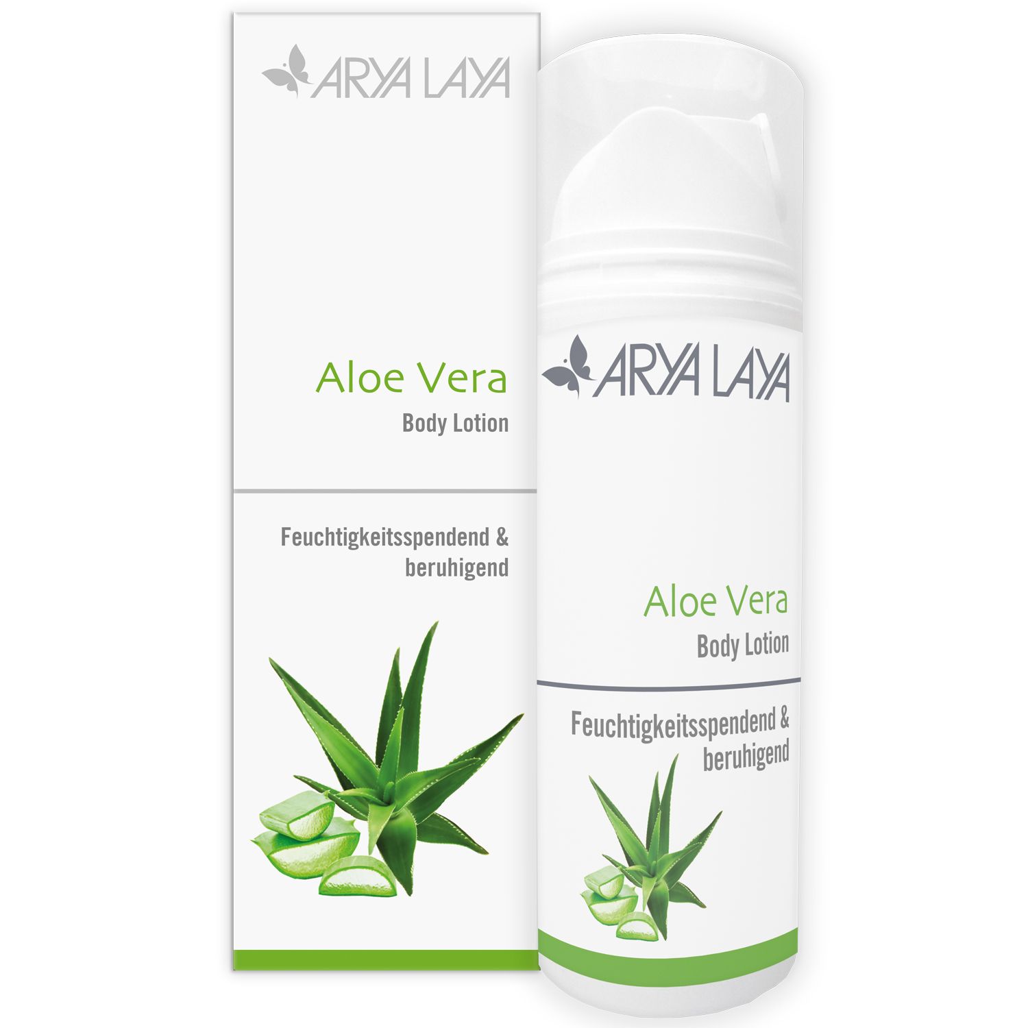 Weiße Flasche und Karton mit Logo und Text. Aufschrift: Aloe Vera Body Lotion. Abbildung von Aloe Vera Blättern.