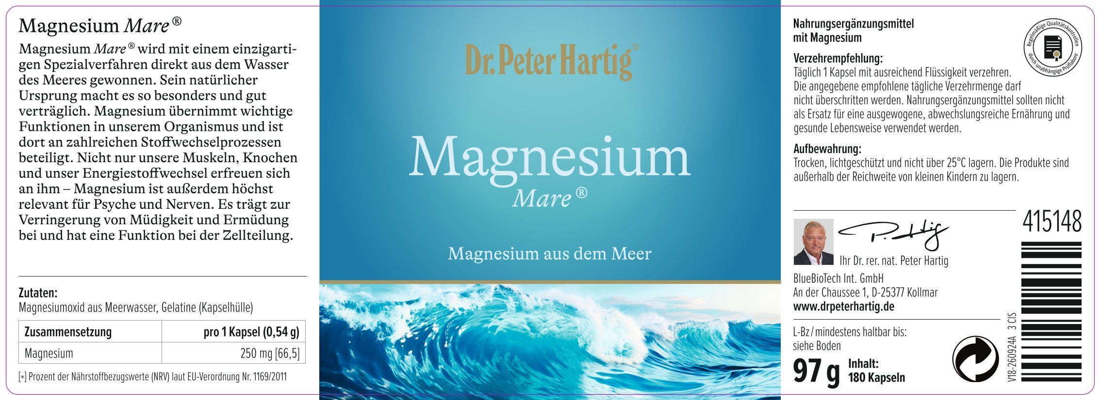 Etikett Dr. Peter Hartig Magnesium Mare. Text, Wellenmotiv, Inhaltsstoffe, Dosierung, Herstellerinformationen, Chargennummer.
