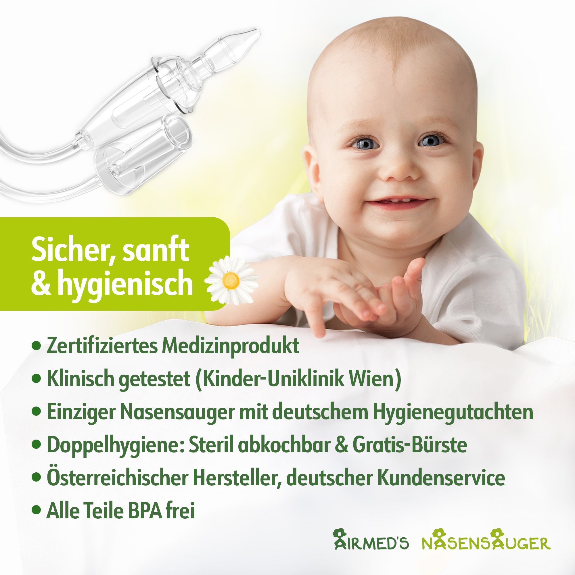 Airmed's Nasensauger. Transparenter Nasensauger. Text: Sicher, sanft & hygienisch. Zertifiziertes Medizinprodukt. Klinisch getestet. BPA frei.