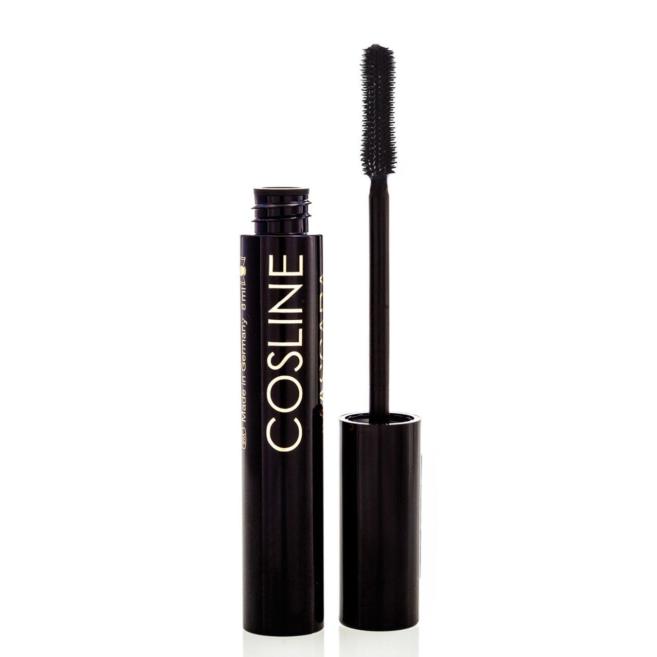 Schwarze Mascara-Tube mit Bürste. Aufschrift: Cosline. Schwarze Gummibürste. Deckel geöffnet.