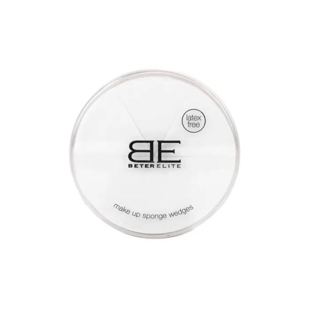 Runde, transparente Verpackung mit weißen Make-up-Schwämmen. Aufdruck: Beter Elite, Latex Free.