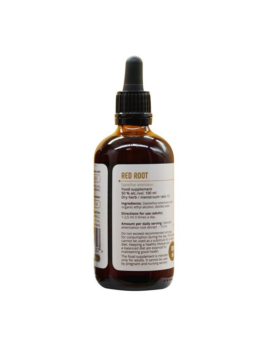 Braune Glasflasche mit Tropfer. Etikett mit Produktinformationen. Text: Red Root, Ceanothus americanus, Food Supplement.
