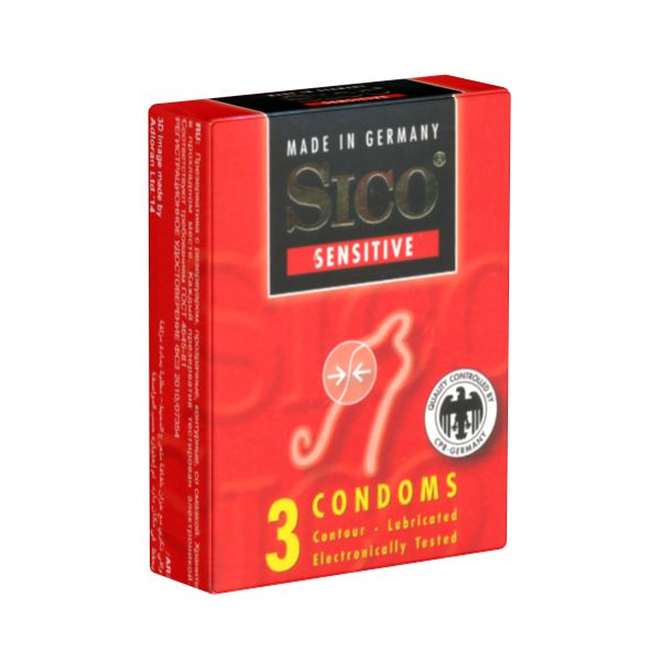 Rote Verpackung mit Sico Sensitive Kondomen. 3 Stück. Konturiert, gleitfähig, elektronisch getestet. Siegel: Qualität geprüft.