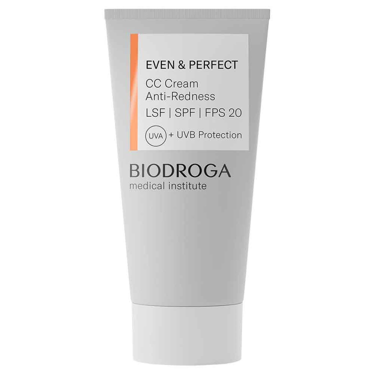 Creme-Tube mit Aufschrift EVEN & PERFECT CC Cream Anti-Redness. Enthält LSF 20 und UVA/UVB-Schutz. Marke: BIODROGA.