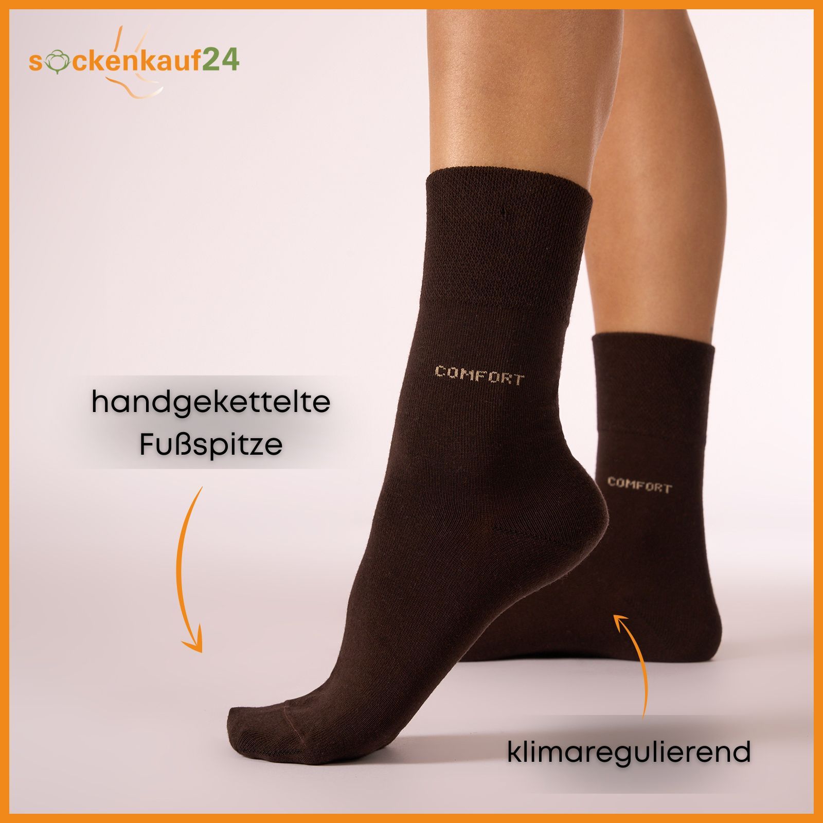 Braune Socken am Bein. Aufschrift 'COMFORT'. Text: 'handgekettelte Fußspitze' und 'klimaregulierend'.