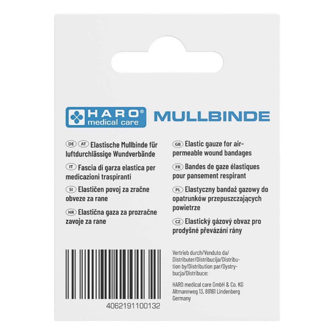 Rückseite der Haro Mullbinde Verpackung. Produktname und Logo. Mehrsprachige Beschreibungen und Barcode.