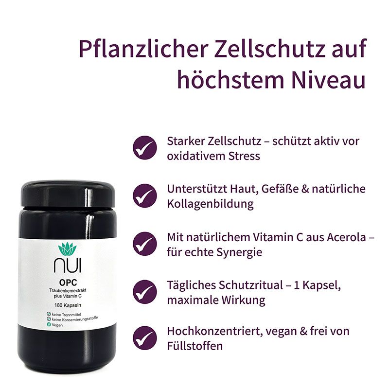 Eine Flasche NUI OPC Traubenkernextrakt. Schwarzer Deckel, weißes Etikett mit Logo und Produktinformationen. 180 Kapseln.