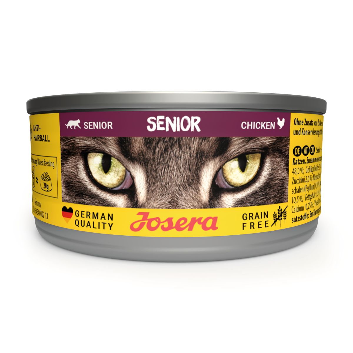 Dose JOSERA Senior Katzenfutter. Gelbes Etikett mit Produktnamen, Katzenaugen und Text. "German Quality"-Siegel.