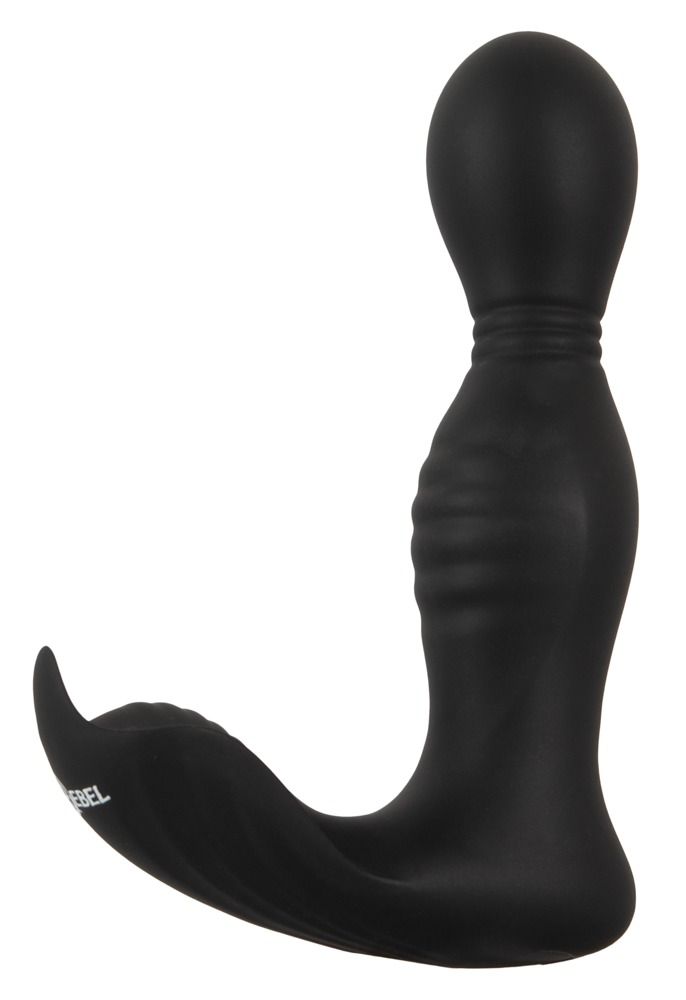 Schwarzes Wellness-Produkt mit abgerundetem Kopf und geriffelter Mitte. Das Produkt hat eine gebogene Form.