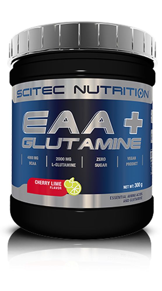 Schwarze Dose mit blauem Etikett. Aufschrift: Scitec Nutrition EAA + Glutamine. Kirsch-Limette-Geschmack. Vegan.