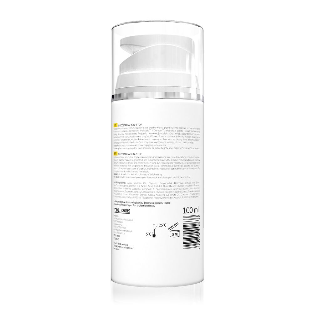 Rückseite eines weißen Serumflakons. Text mit Produktinformationen und 100 ml Angabe. Barcode und Temperaturangaben.