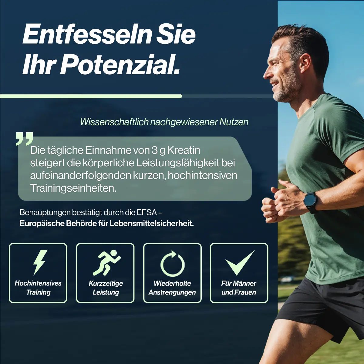 Läufer vor blauem Himmel. Text über wissenschaftlich nachgewiesenen Nutzen von Kreatin.