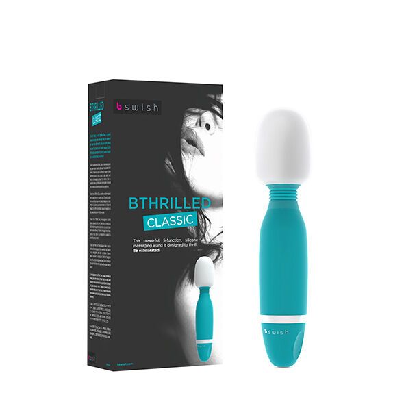 Türkisfarbenes Massagegerät neben Produktverpackung. Verpackung mit B Swish-Logo und Text.