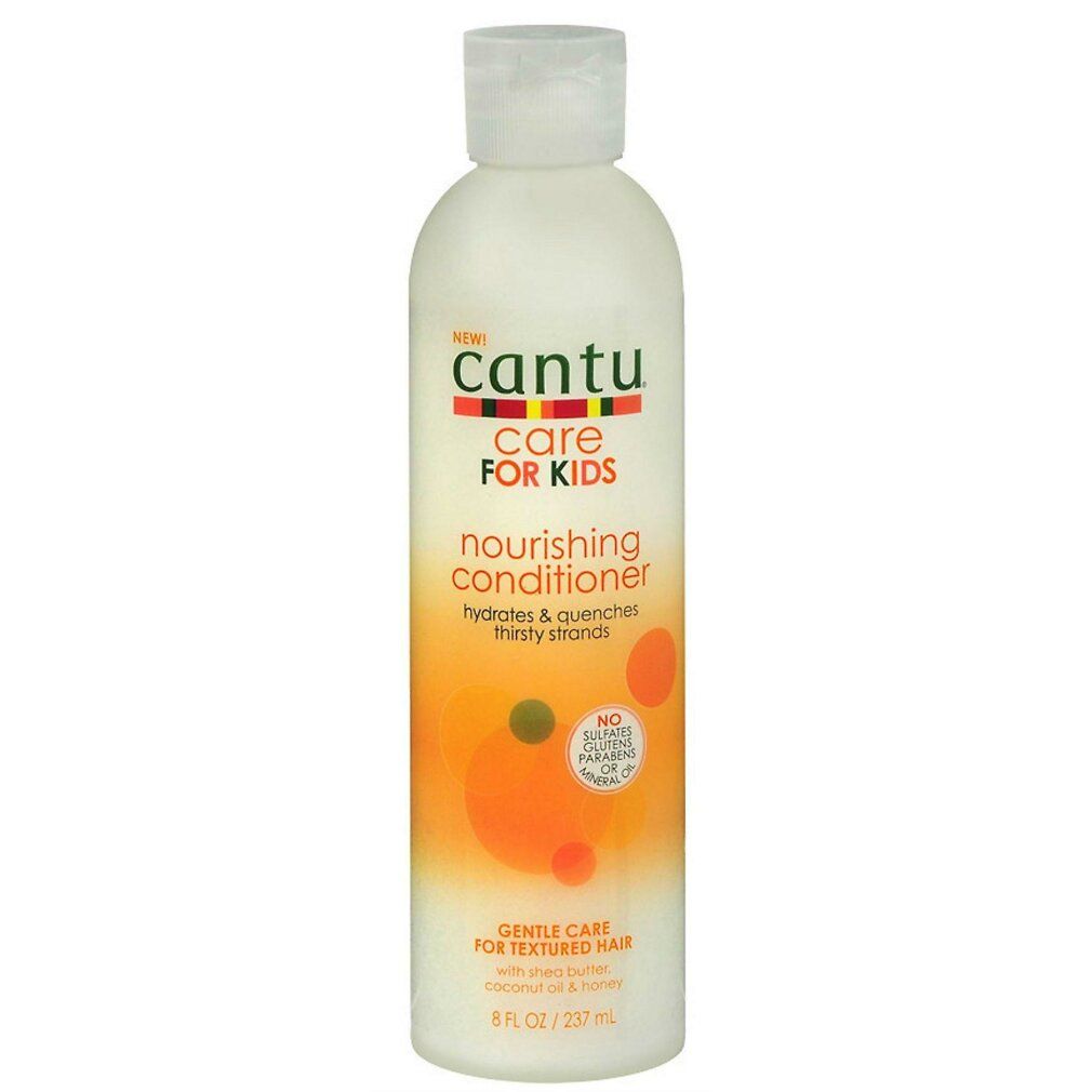 Weiße Flasche Cantu Care for Kids Nourishing Conditioner. Orangefarbene und gelbe Grafik. Text: Gentle Care for Textured Hair.
