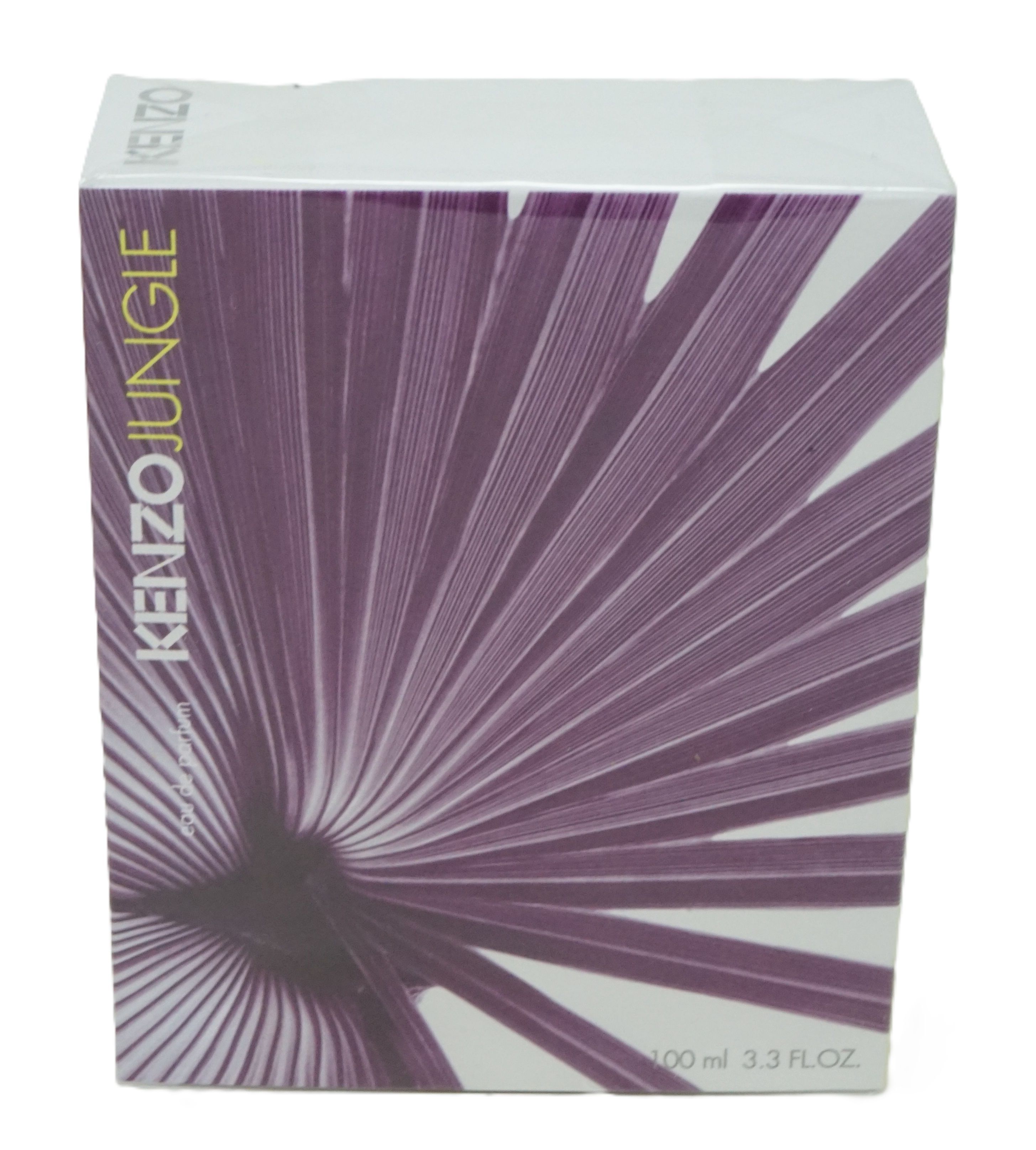 Verpackung mit lila Blattmuster. Aufschrift KENZO JUNGLE. Weiße Verpackung mit lila Blattdesign. Text: 100 ml 3.3 FL.OZ.