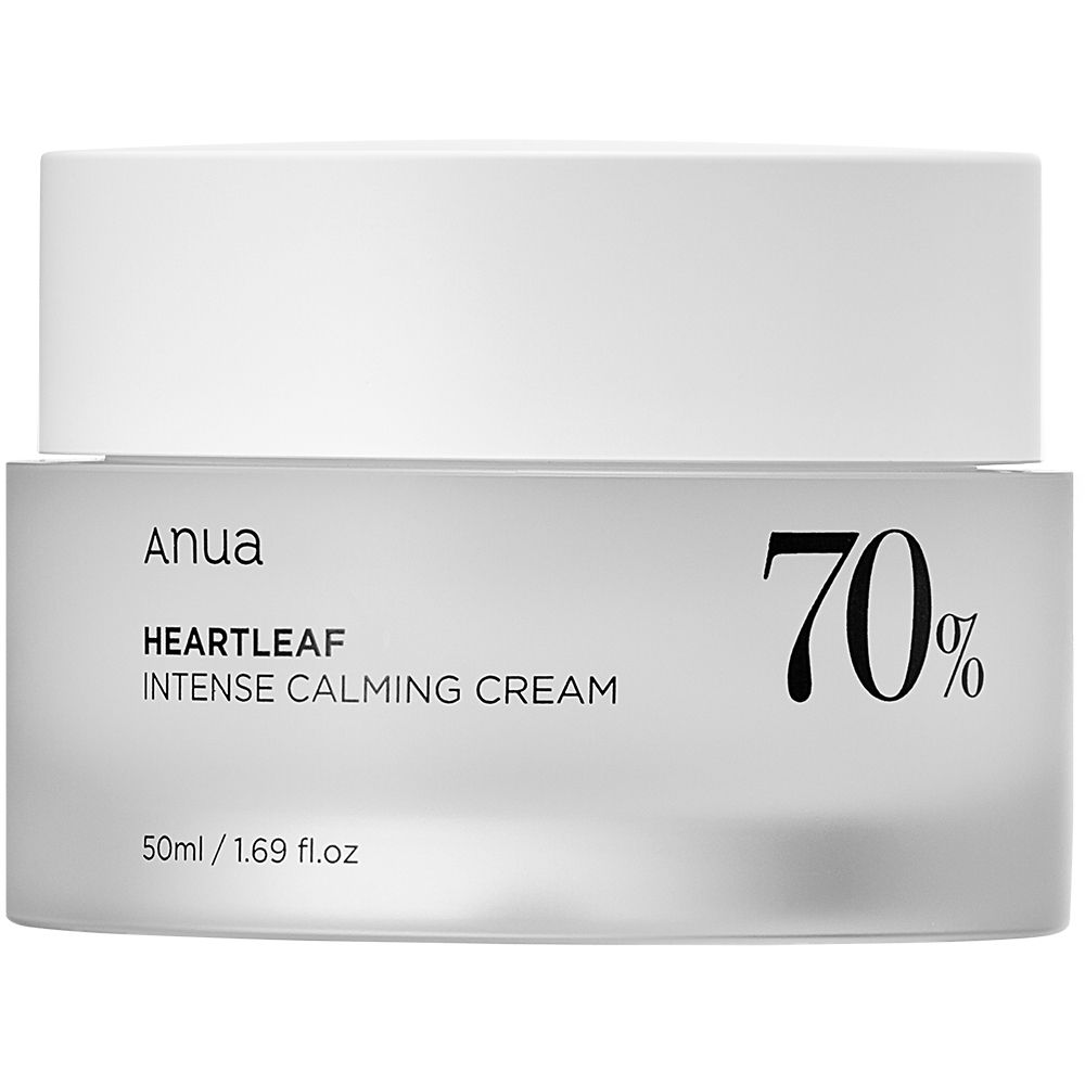 Creme-Tiegel mit weißem Deckel. Aufschrift: Anua, Heartleaf Intense Calming Cream, 70%.