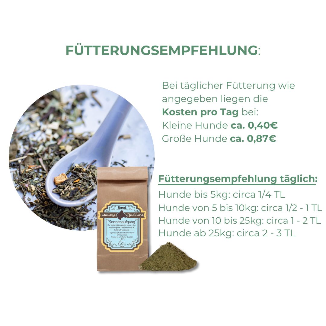 Braune Papiertüte mit Kräutermischung und Löffel. Text: Hand aufs Pferd/Hund Sonnenaufgang. Fütterungsempfehlung: Kleine Hunde 0,40€, Große Hunde 0,87€.