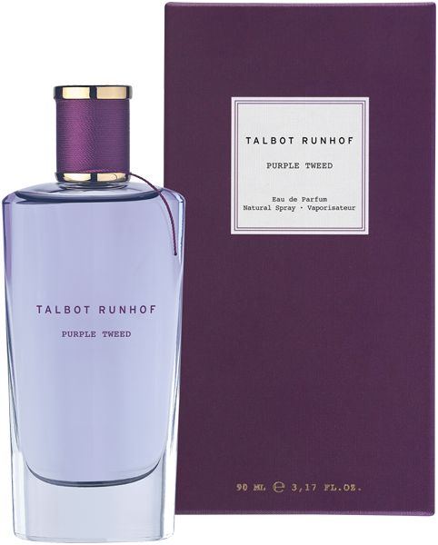 Violette Flasche und Schachtel. Aufschrift: TALBOT RUNHOF, PURPLE TWEED, Eau de Parfum, Natural Spray, Vaporisateur. Unten: 90 ml, 3,17 FL.OZ.