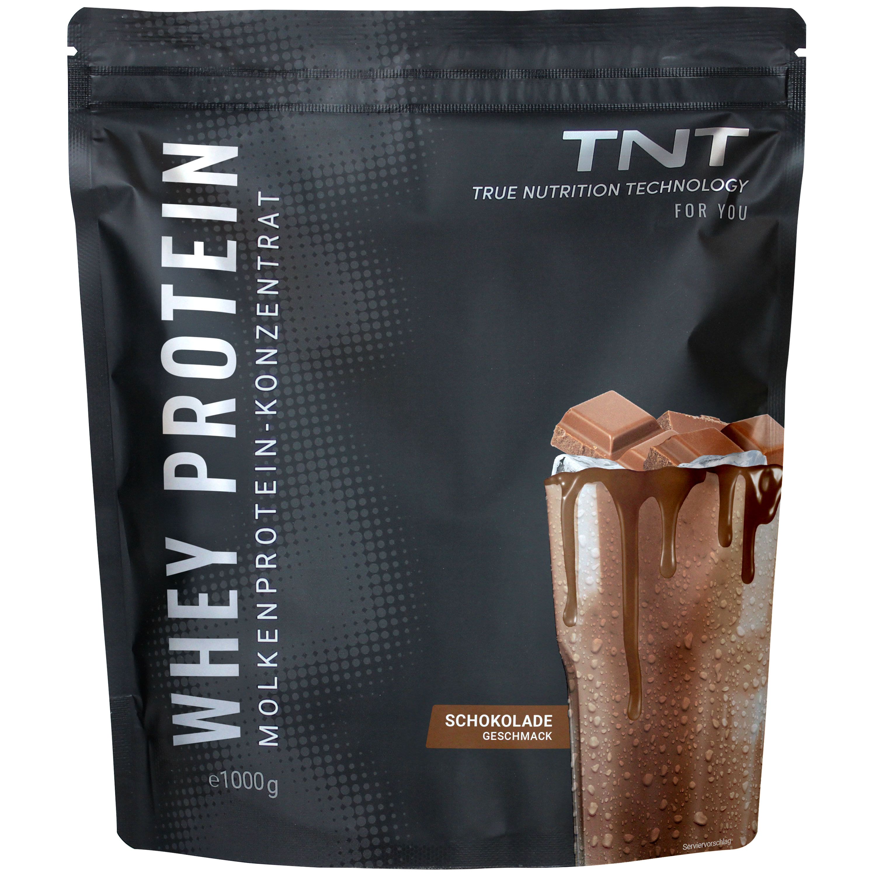 Schwarze Tüte mit TNT Whey Protein Konzentrat. Aufdruck: Whey Protein, Molkenprotein-Konzentrat, Schokolade. Abbildung eines Getränks.