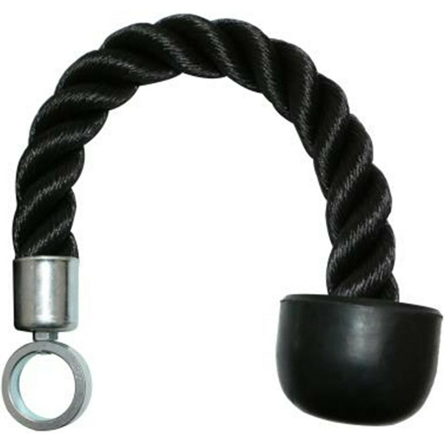 Schwarzes Trizepsseil mit Metallöse und Griff. Das Seil ist gewellt und gebogen. Der Griff ist zylindrisch.