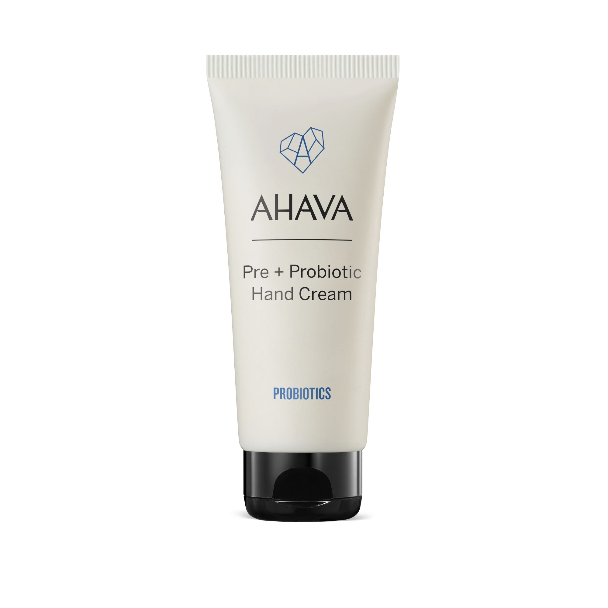 AHAVA Handcreme. Weiße Tube mit schwarzem Deckel. Aufschrift: AHAVA, Pre + Probiotic Hand Cream, Probiotics.