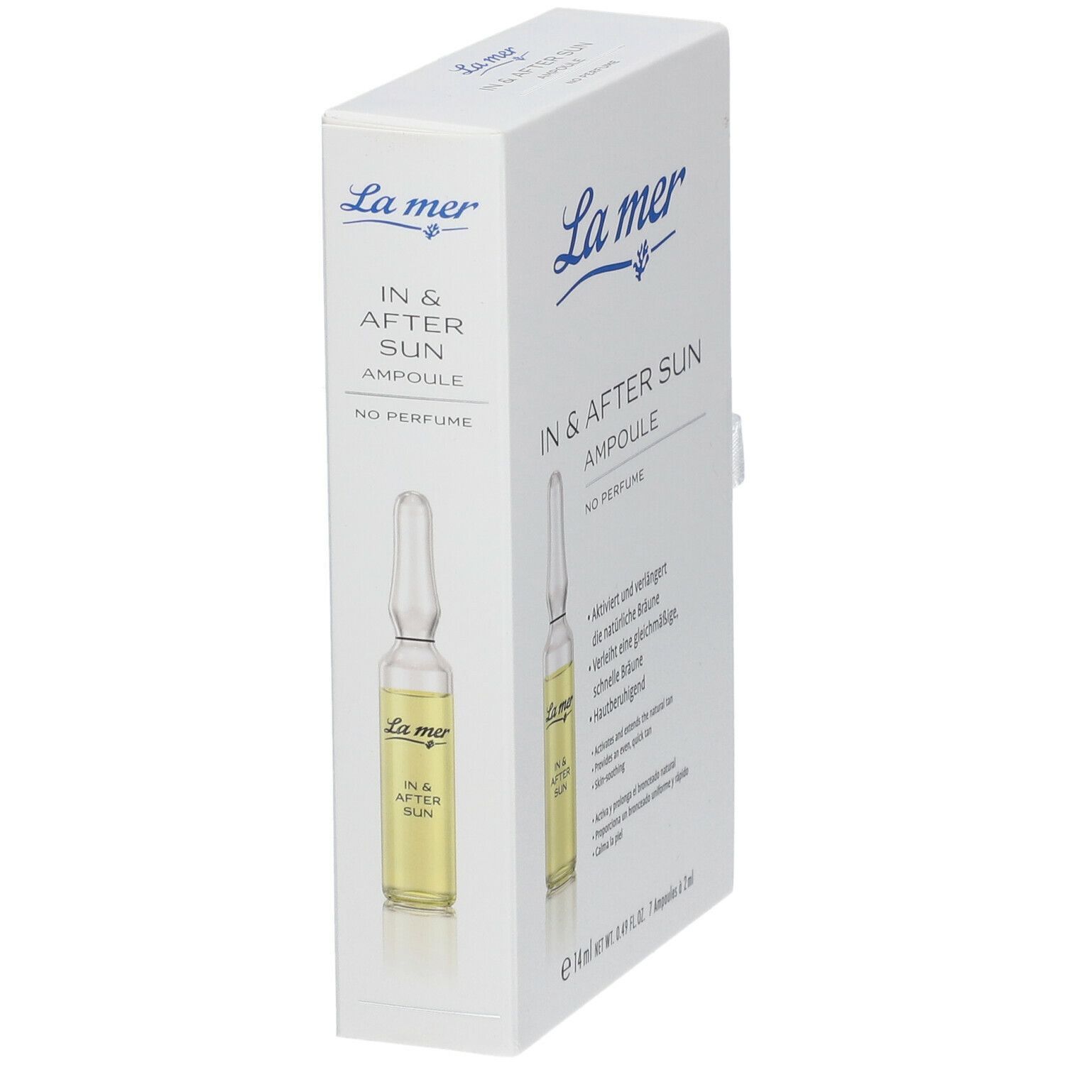 Weiße Verpackung mit Produkt und Ampulle. Aufdruck: La mer, IN & AFTER SUN, Ampulle, No Perfume.