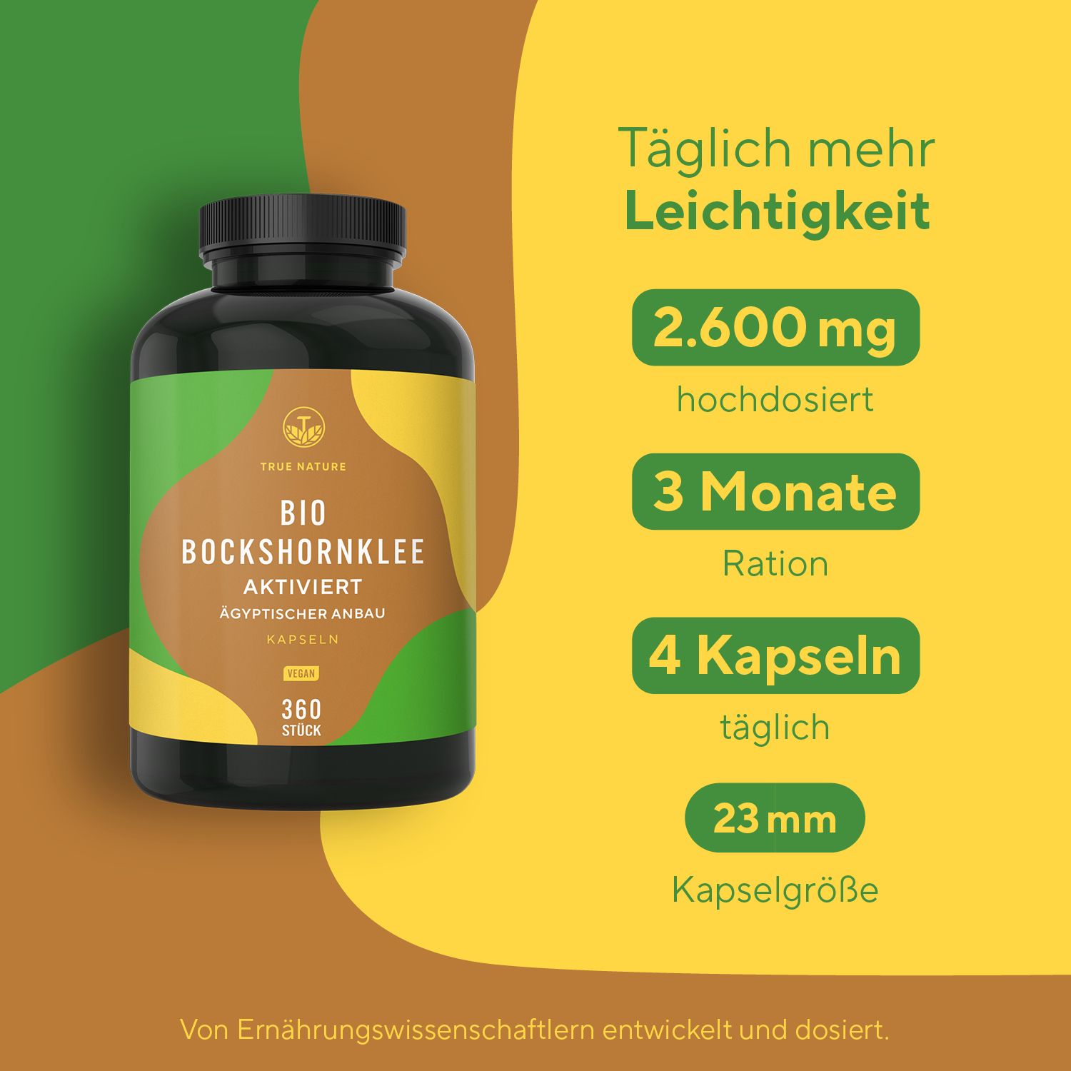Braune Kapseln in einer schwarzen Flasche. Aufschrift: Bio Bockshornklee, 360 Stück, 23 mm. Gelb-grüner Hintergrund.