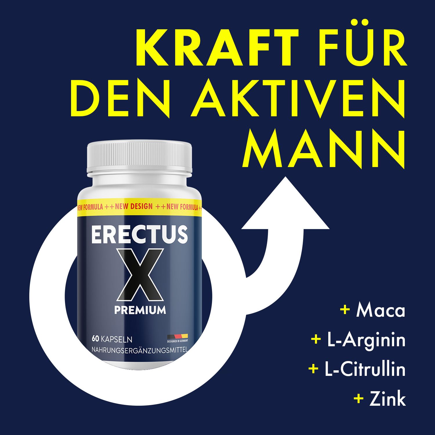 Flasche Erectus X Premium Kapseln neben einem Männersymbol und Pfeil. Enthält Maca, L-Arginin, L-Citrullin, Zink.
