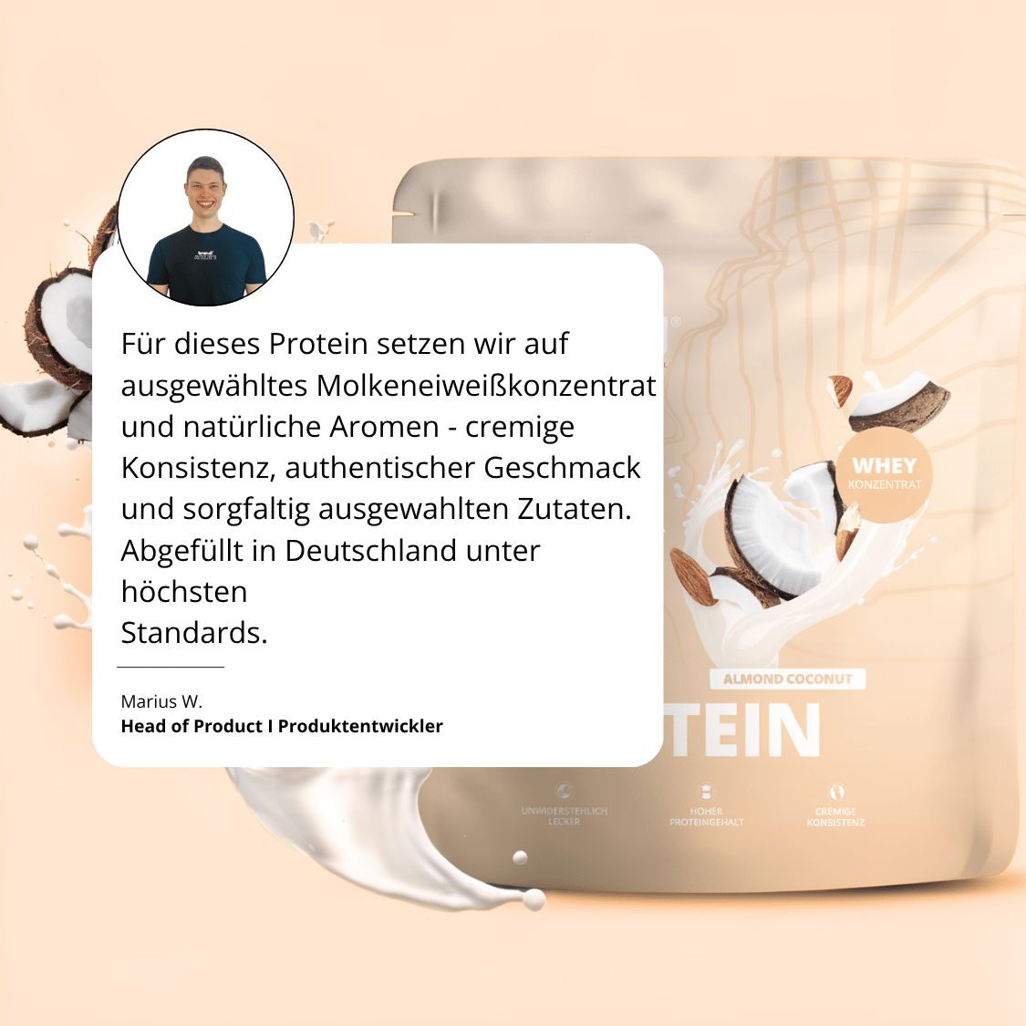 Mann mit Proteinbeutel und Zitat. Text: Ausgewähltes Molkeneiweißkonzentrat, natürliche Aromen, cremige Konsistenz.