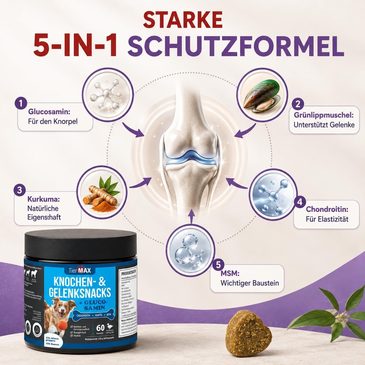 Tiermax Knochen- & Gelenksnacks: 5-in-1 Schutzformel mit Glucosamin, Grünlippmuschel, Kurkuma, Chondroitin, MSM.