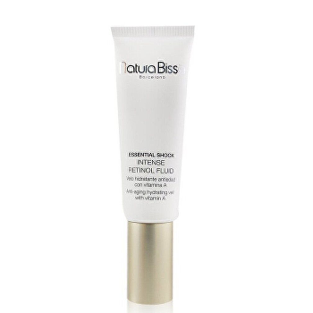 Weiße Tube mit goldfarbenem Verschluss. Aufdruck: Natura Bissé, Essential Shock Intense Retinol Fluid. Produktname.
