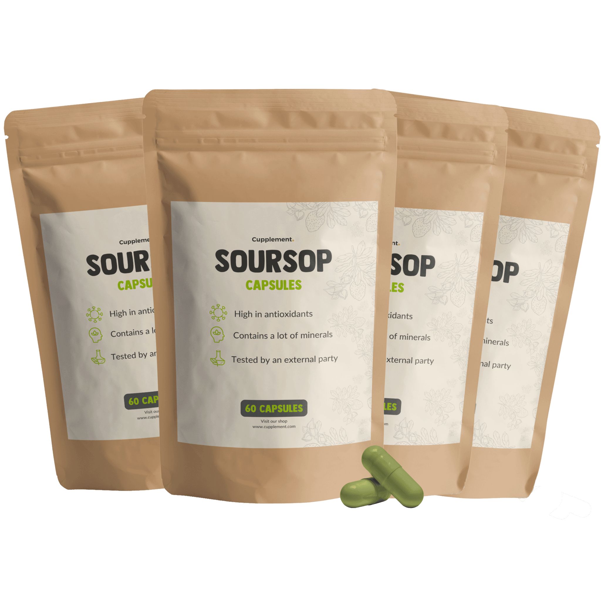 Mehrere Beutel mit Soursop-Kapseln. Aufschrift: Soursop Capsules, 60 Kapseln. Braune Verpackung.