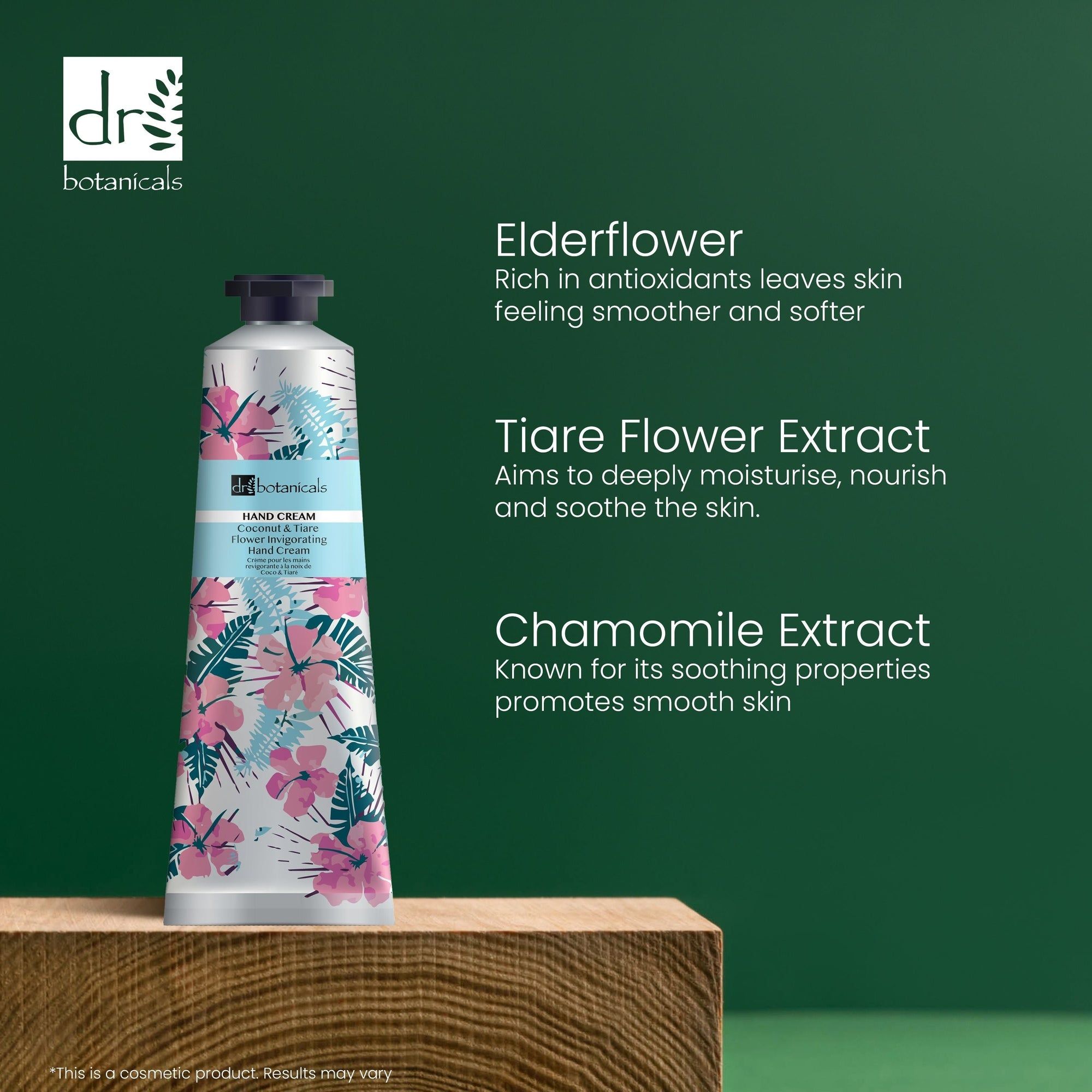 Tube auf Holzblock. Aufschrift: Hand Cream, Coconut & Tiare Flower Invigorating Hand Cream. Text über Inhaltsstoffe: Elderflower, Tiare, Chamomile.